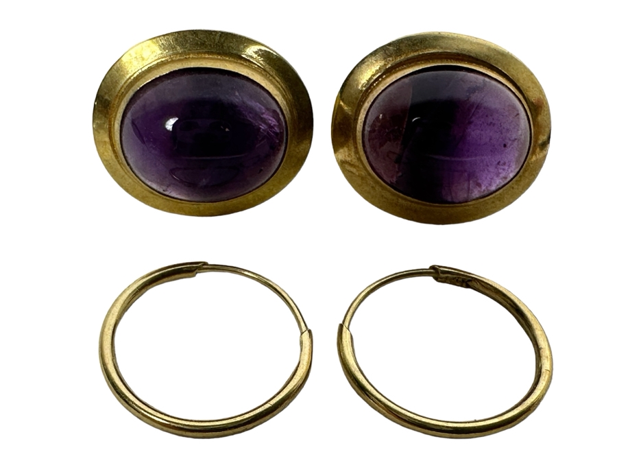 14K Gold Purple Stone Earrings & 14K Gold Small Hoop Earrings 2g