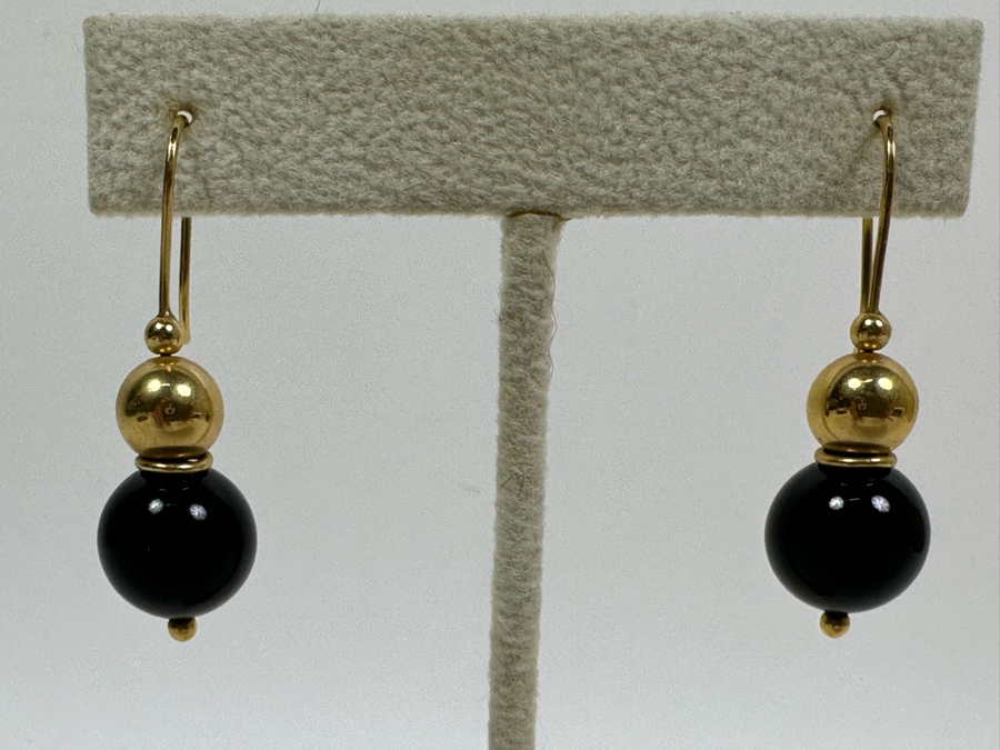 14K Gold Earrings With Black Stones 6.4g [Photo 2]