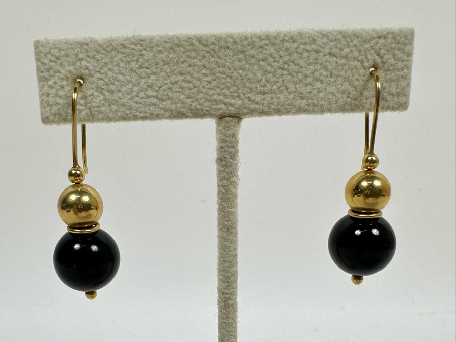 14K Gold Earrings With Black Stones 6.4g [Photo 4]