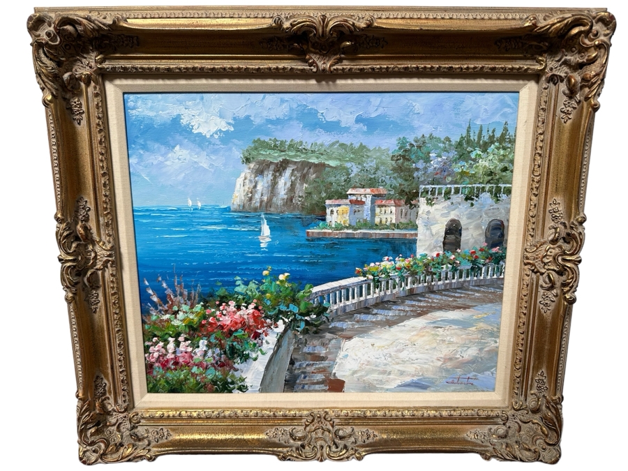 Original Seascape Italian Scenery Oil On Canvas Painting Signed Sabastion 24 X 20 Framed 32.5 X 29	