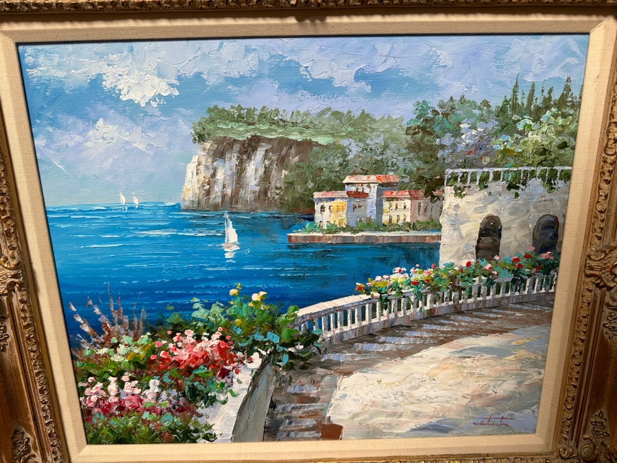 Original Seascape Italian Scenery Oil On Canvas Painting Signed Sabastion 24 X 20 Framed 32.5 X 29	 [Photo 5]