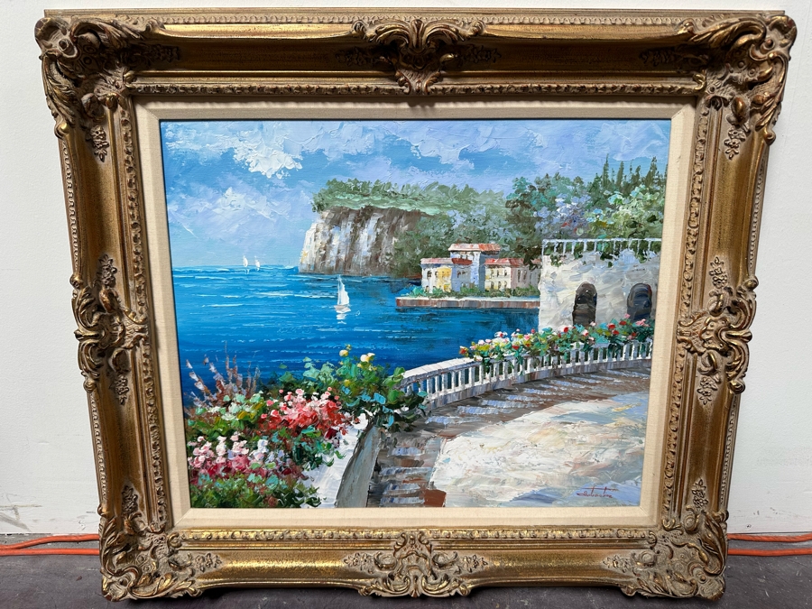 Original Seascape Italian Scenery Oil On Canvas Painting Signed Sabastion 24 X 20 Framed 32.5 X 29	 [Photo 4]