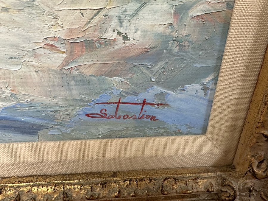 Original Seascape Italian Scenery Oil On Canvas Painting Signed Sabastion 24 X 20 Framed 32.5 X 29	 [Photo 9]
