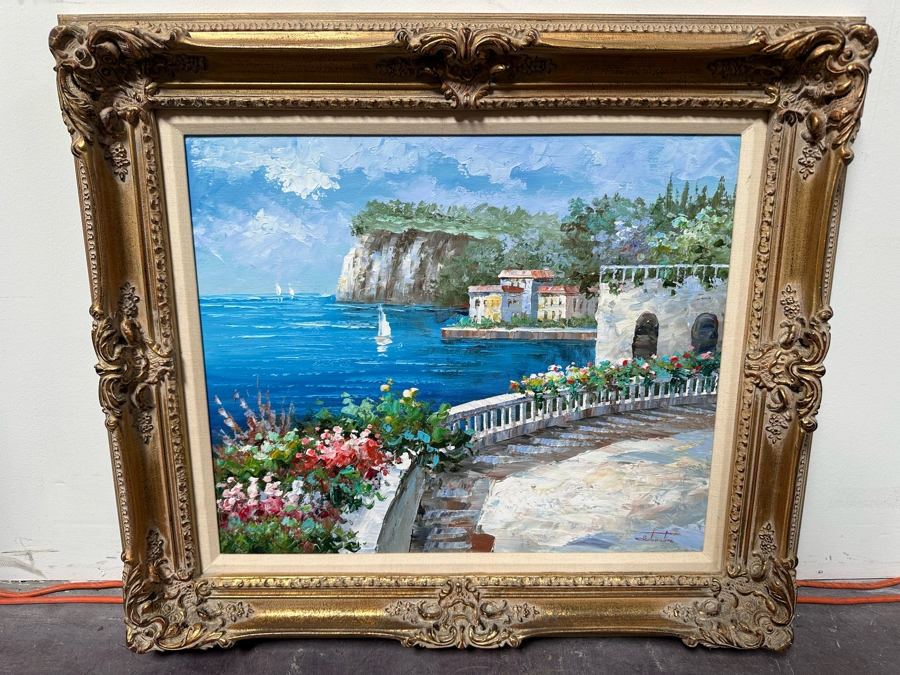 Original Seascape Italian Scenery Oil On Canvas Painting Signed Sabastion 24 X 20 Framed 32.5 X 29	 [Photo 3]