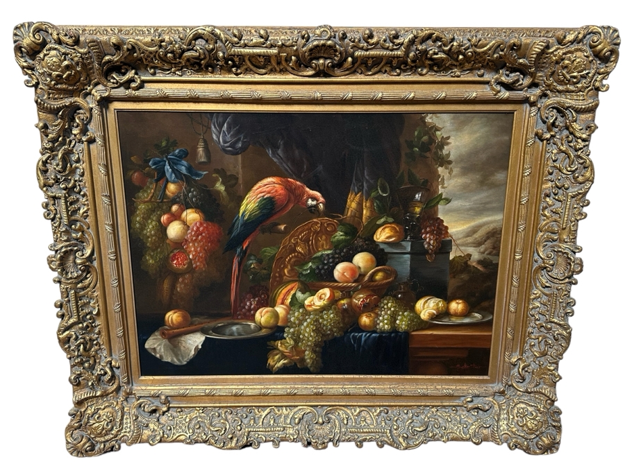 Original Still Life With Parrot And Fruit Painting On Canvas Signed Schroter 40 X 30 Framed 54.5 X 45