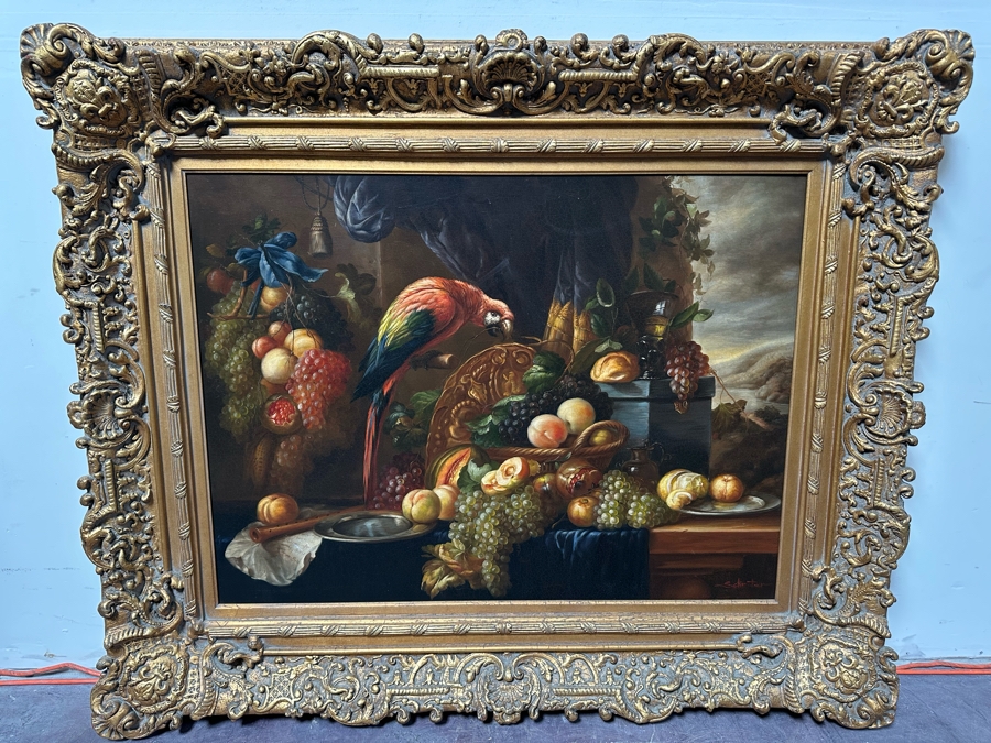 Original Still Life With Parrot And Fruit Painting On Canvas Signed Schroter 40 X 30 Framed 54.5 X 45 [Photo 6]