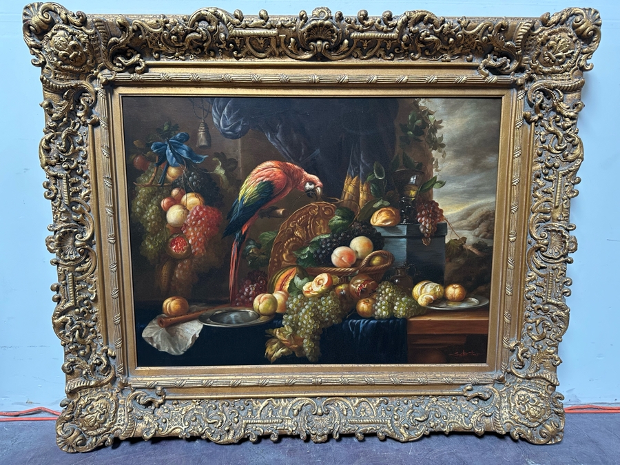 Original Still Life With Parrot And Fruit Painting On Canvas Signed Schroter 40 X 30 Framed 54.5 X 45 [Photo 4]