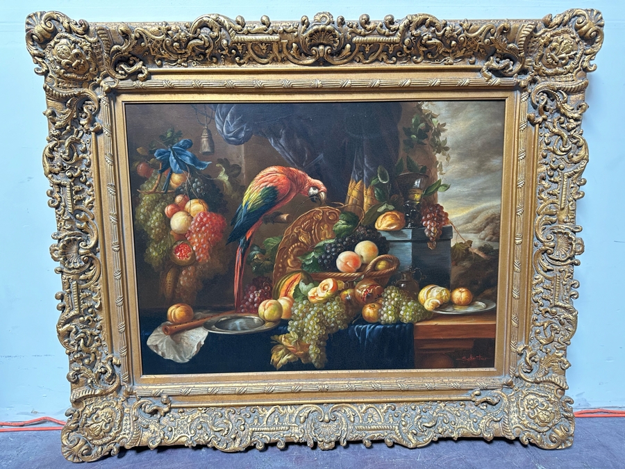 Original Still Life With Parrot And Fruit Painting On Canvas Signed Schroter 40 X 30 Framed 54.5 X 45 [Photo 5]