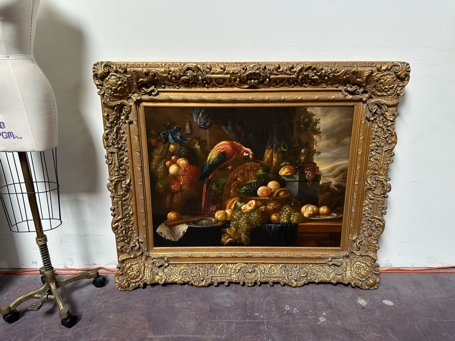 Original Still Life With Parrot And Fruit Painting On Canvas Signed Schroter 40 X 30 Framed 54.5 X 45 [Photo 2]
