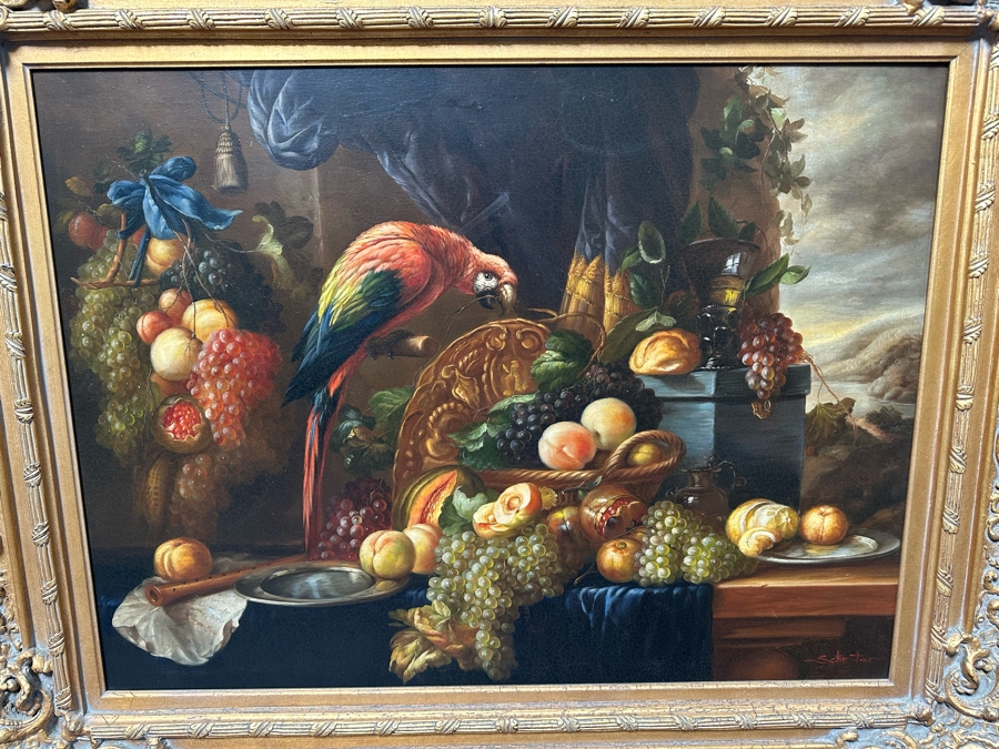 Original Still Life With Parrot And Fruit Painting On Canvas Signed Schroter 40 X 30 Framed 54.5 X 45 [Photo 7]