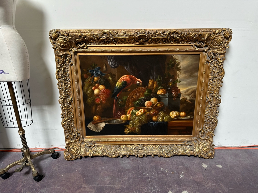 Original Still Life With Parrot And Fruit Painting On Canvas Signed Schroter 40 X 30 Framed 54.5 X 45 [Photo 3]