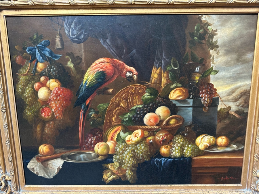Original Still Life With Parrot And Fruit Painting On Canvas Signed Schroter 40 X 30 Framed 54.5 X 45 [Photo 8]