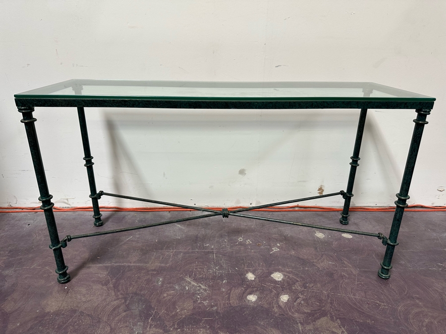 Metal Green Finish Console Table With Glass Top 50W X 17D X 27.5H [Photo 2]