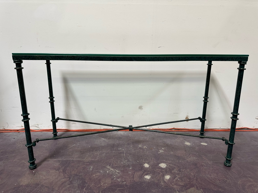 Metal Green Finish Console Table With Glass Top 50W X 17D X 27.5H [Photo 4]