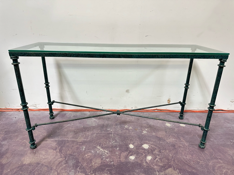 Metal Green Finish Console Table With Glass Top 50W X 17D X 27.5H [Photo 3]
