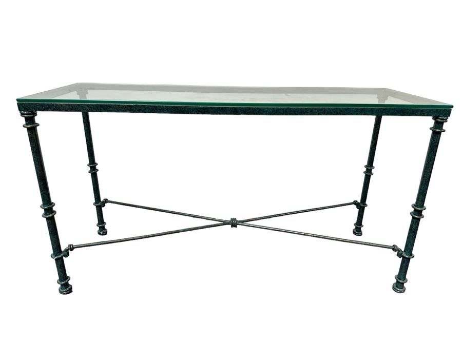Metal Green Finish Console Table With Glass Top 50W X 17D X 27.5H