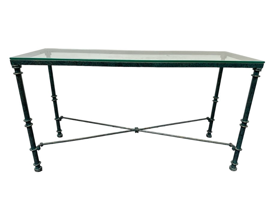 Metal Green Finish Console Table With Glass Top 50W X 17D X 27.5H [Photo 1]