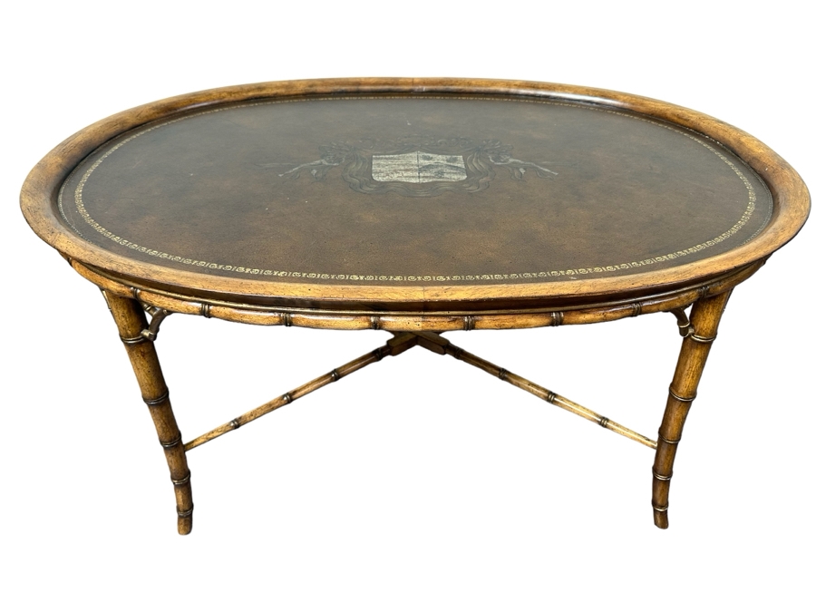 Hollywood Regency Leather Top Wooden Bamboo Motif Oval Coffee Table 42W X 28D X 21H [Photo 2]