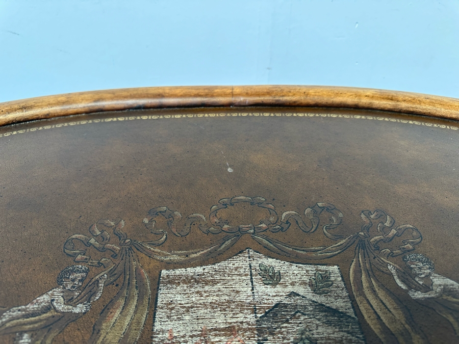 Hollywood Regency Leather Top Wooden Bamboo Motif Oval Coffee Table 42W X 28D X 21H [Photo 9]