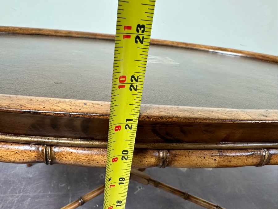 Hollywood Regency Leather Top Wooden Bamboo Motif Oval Coffee Table 42W X 28D X 21H [Photo 13]