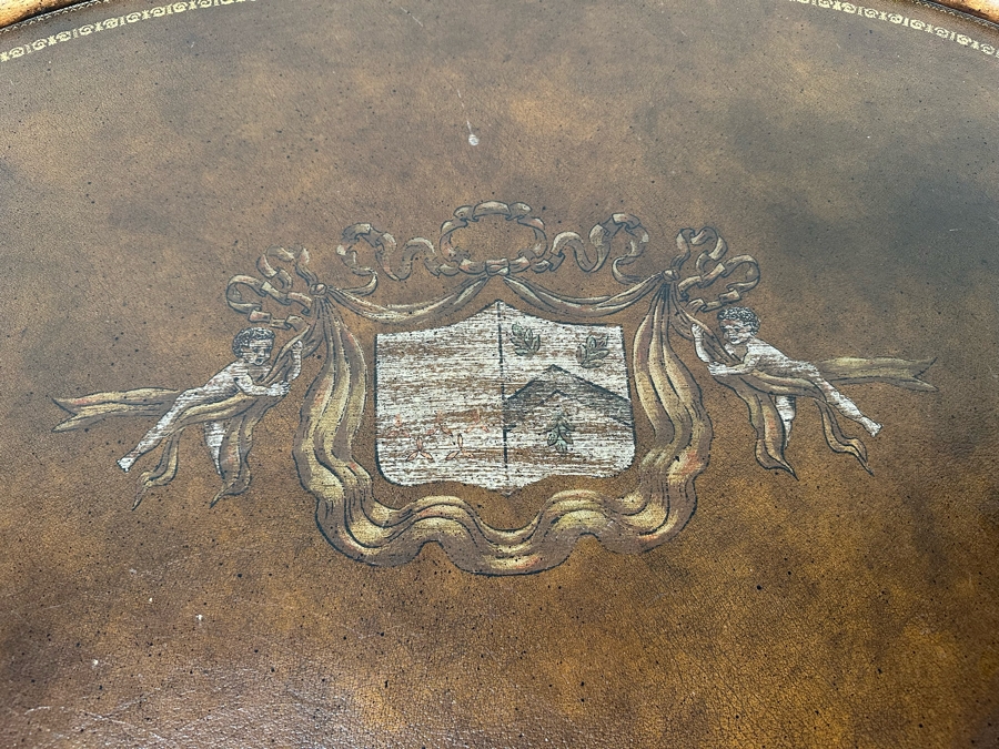 Hollywood Regency Leather Top Wooden Bamboo Motif Oval Coffee Table 42W X 28D X 21H [Photo 7]