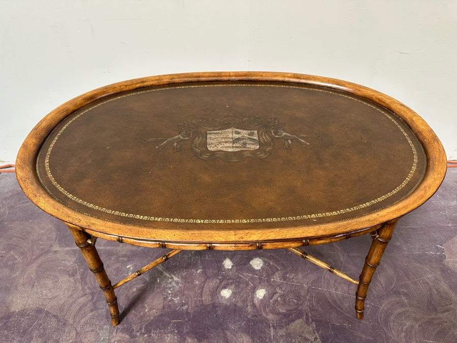 Hollywood Regency Leather Top Wooden Bamboo Motif Oval Coffee Table 42W X 28D X 21H [Photo 4]