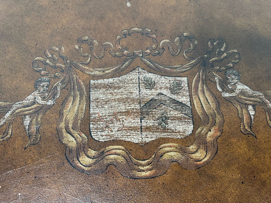 Hollywood Regency Leather Top Wooden Bamboo Motif Oval Coffee Table 42W X 28D X 21H [Photo 8]