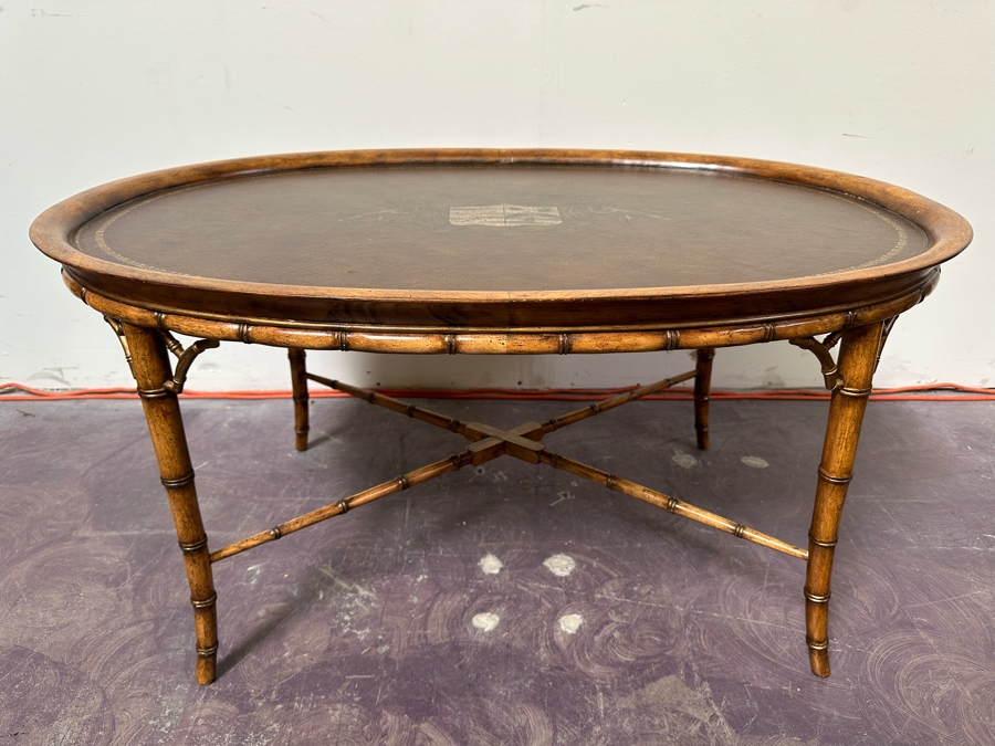 Hollywood Regency Leather Top Wooden Bamboo Motif Oval Coffee Table 42W X 28D X 21H [Photo 5]