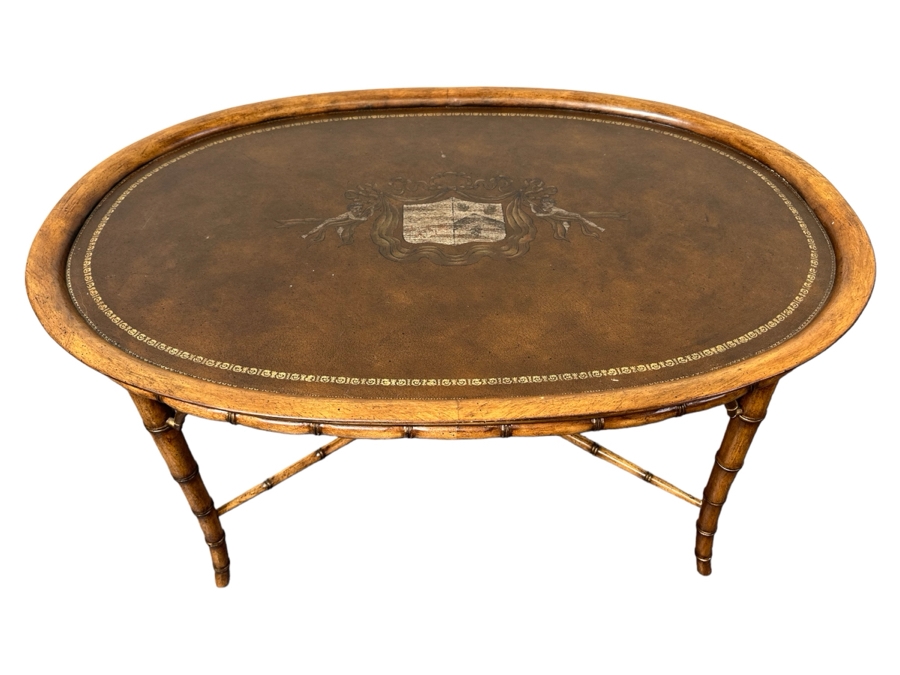 Hollywood Regency Leather Top Wooden Bamboo Motif Oval Coffee Table 42W X 28D X 21H