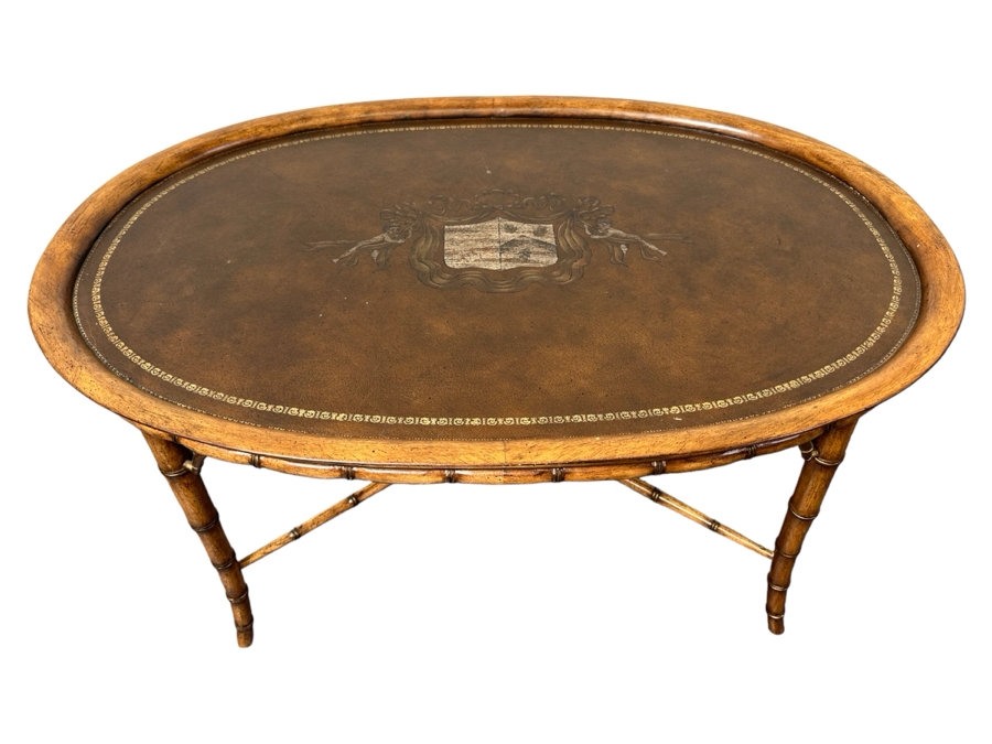 Hollywood Regency Leather Top Wooden Bamboo Motif Oval Coffee Table 42W X 28D X 21H [Photo 1]