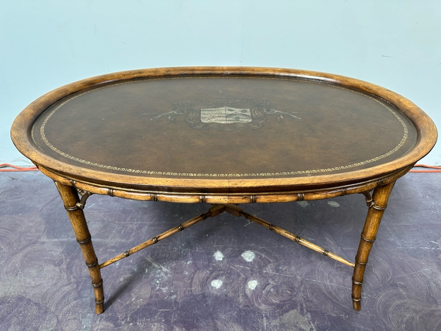 Hollywood Regency Leather Top Wooden Bamboo Motif Oval Coffee Table 42W X 28D X 21H [Photo 3]