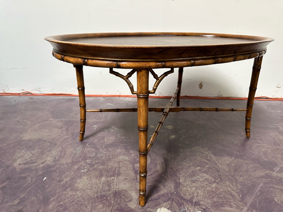 Hollywood Regency Leather Top Wooden Bamboo Motif Oval Coffee Table 42W X 28D X 21H [Photo 10]