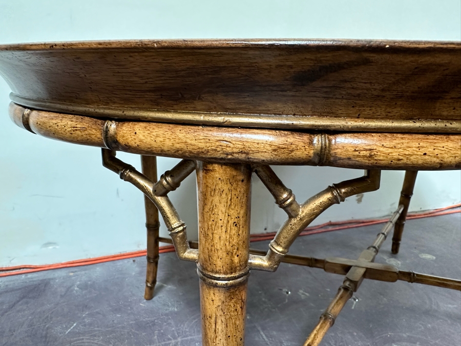 Hollywood Regency Leather Top Wooden Bamboo Motif Oval Coffee Table 42W X 28D X 21H [Photo 6]