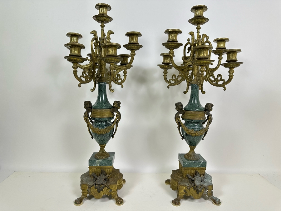 Pair Of Italian Marble And Brass Candelabra 24.5H [Photo 2]