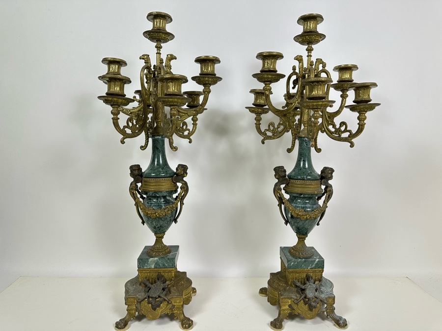 Pair Of Italian Marble And Brass Candelabra 24.5H [Photo 3]