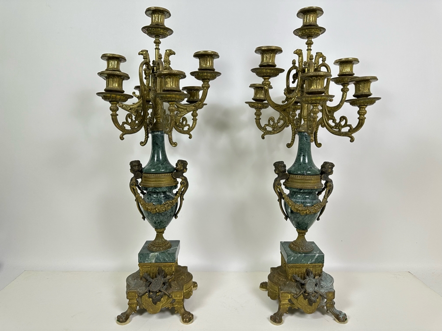 Pair Of Italian Marble And Brass Candelabra 24.5H [Photo 4]