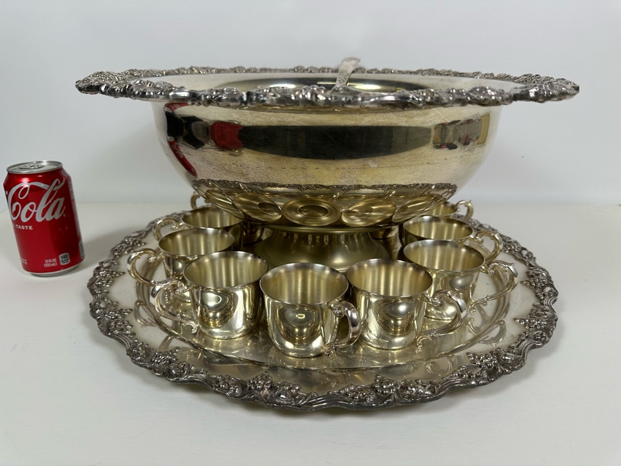 Large Sheridan EP Brass Punch Bowl 18W X 9H With Ladle, Round Tray And 12 Cups [Photo 4]