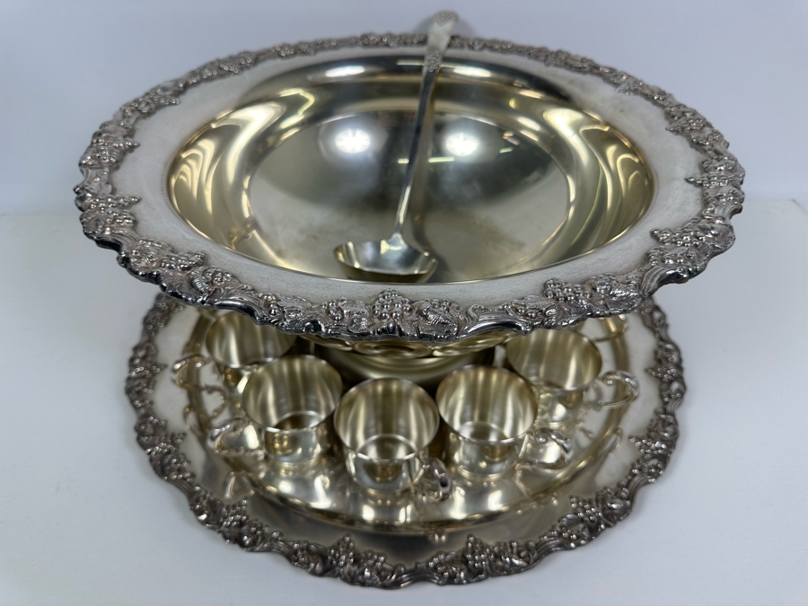 Large Sheridan EP Brass Punch Bowl 18W X 9H With Ladle, Round Tray And 12 Cups [Photo 5]