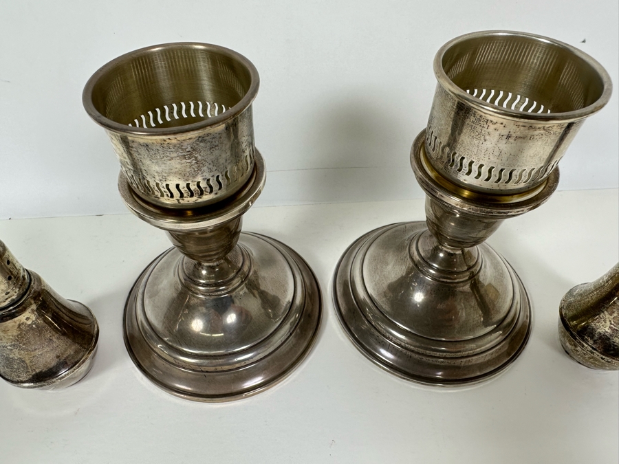 Pair Of Weighted Sterling Silver Candleholders 5H And Weighted Salt & Pepper Shakers [Photo 4]
