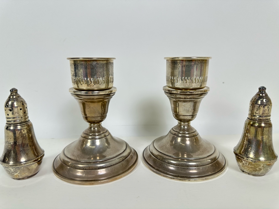 Pair Of Weighted Sterling Silver Candleholders 5H And Weighted Salt & Pepper Shakers [Photo 2]