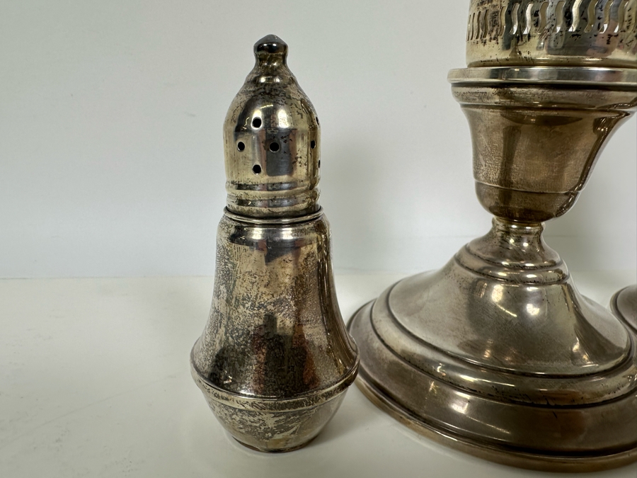 Pair Of Weighted Sterling Silver Candleholders 5H And Weighted Salt & Pepper Shakers [Photo 5]