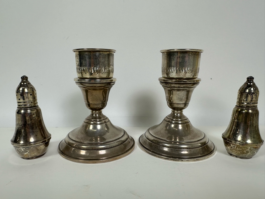 Pair Of Weighted Sterling Silver Candleholders 5H And Weighted Salt & Pepper Shakers [Photo 3]