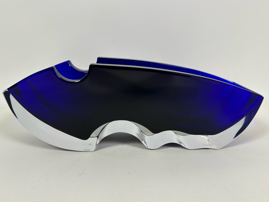 Rare Baccarat Crystal Blue Oceanie Flower Vase France (Heavy) Designed By Thomas Bastide 13.5W X 4D X 5H [Photo 3]