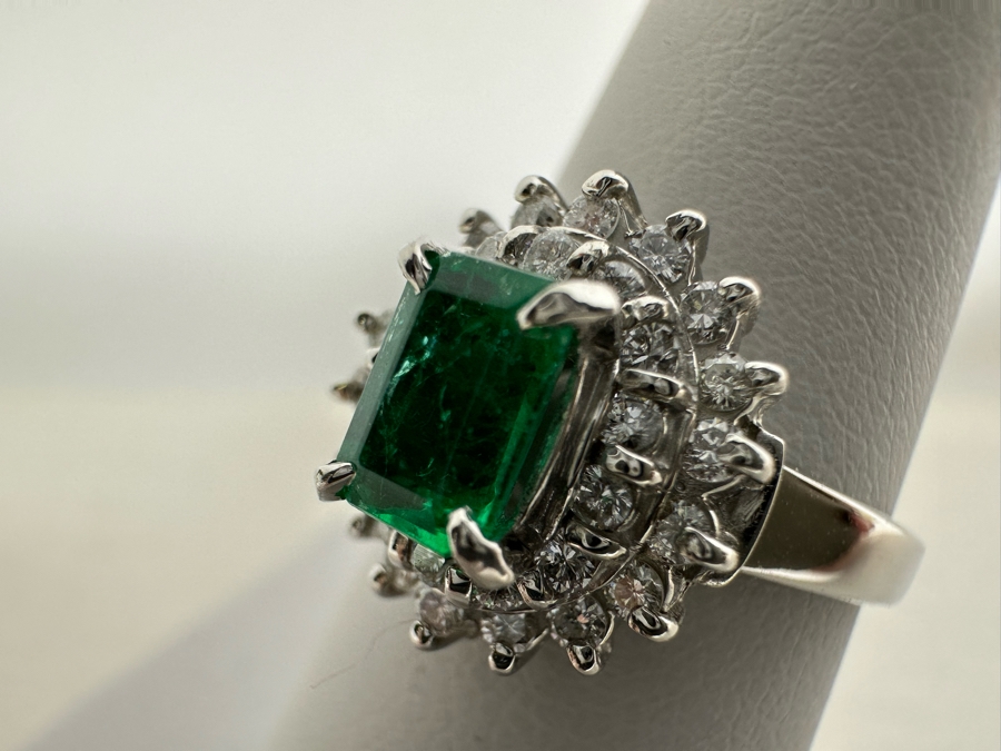Platinum 900 Emerald & Diamond Ring Size 7 6.5g	 [Photo 9]