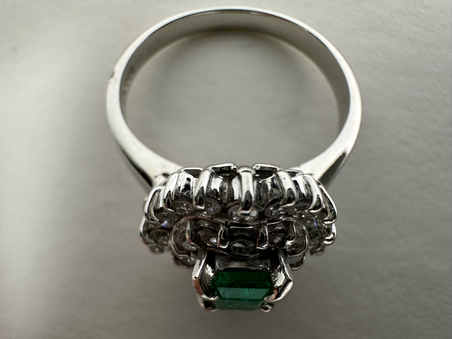 Platinum 900 Emerald & Diamond Ring Size 7 6.5g	 [Photo 13]