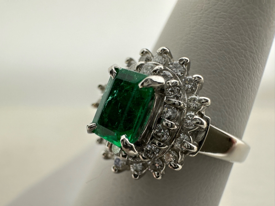 Platinum 900 Emerald & Diamond Ring Size 7 6.5g