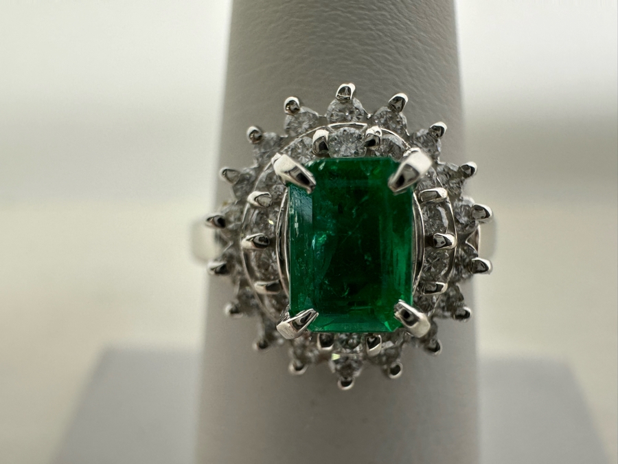 Platinum 900 Emerald & Diamond Ring Size 7 6.5g