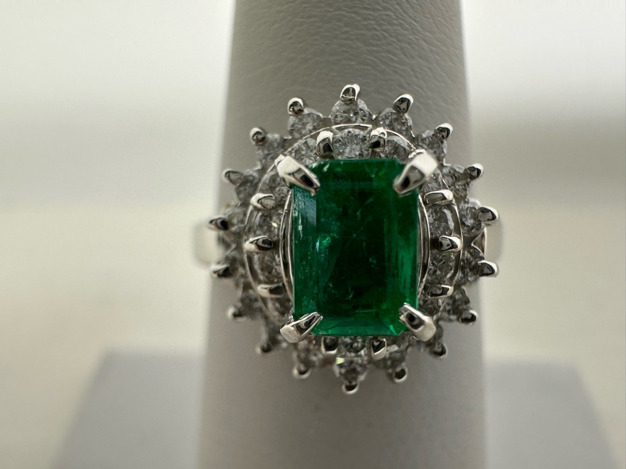 Platinum 900 Emerald & Diamond Ring Size 7 6.5g	 [Photo 7]