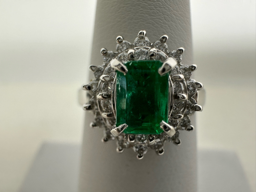 Platinum 900 Emerald & Diamond Ring Size 7 6.5g	 [Photo 4]
