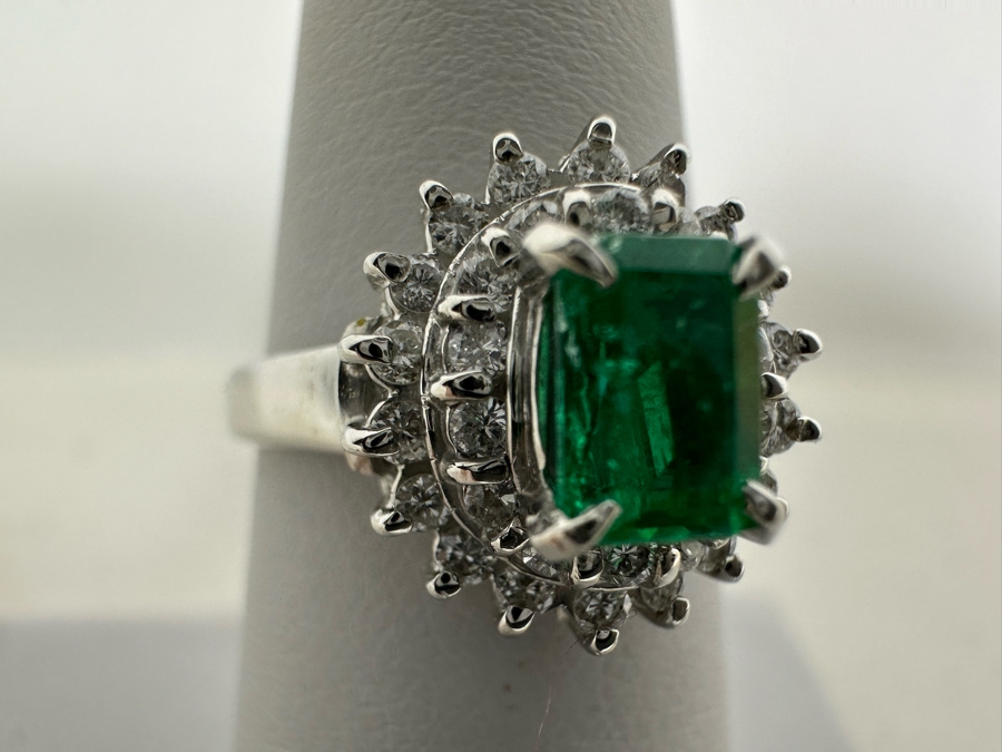 Platinum 900 Emerald & Diamond Ring Size 7 6.5g	 [Photo 5]
